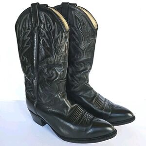 Vtg Dan‎ Post Black Leather Cowboy Boots Western Stitched Pointed Classic Sz 10
